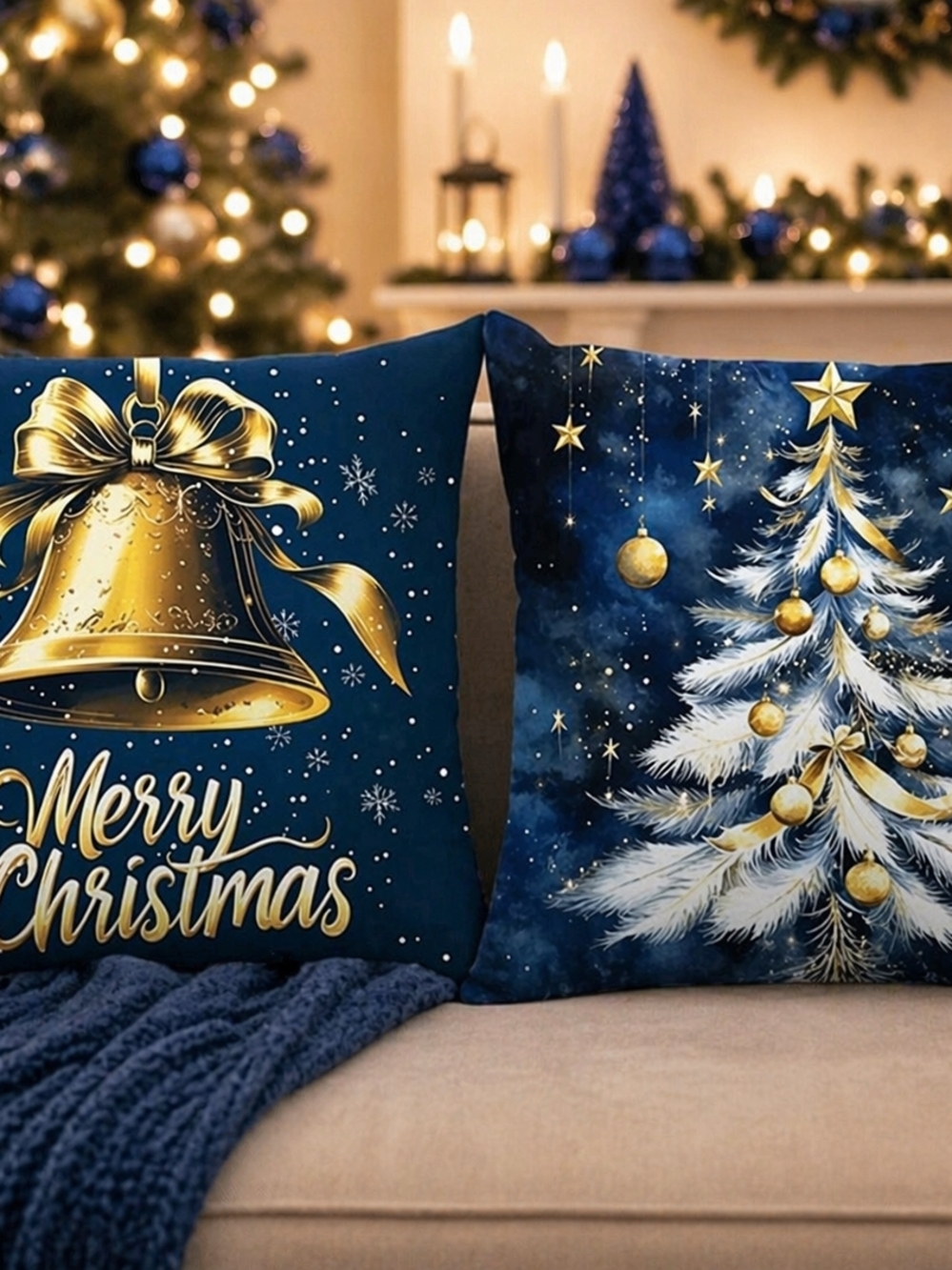 Set Of 2 Festive Blue & Gold Merry Christmas Decorative Throw Pillows